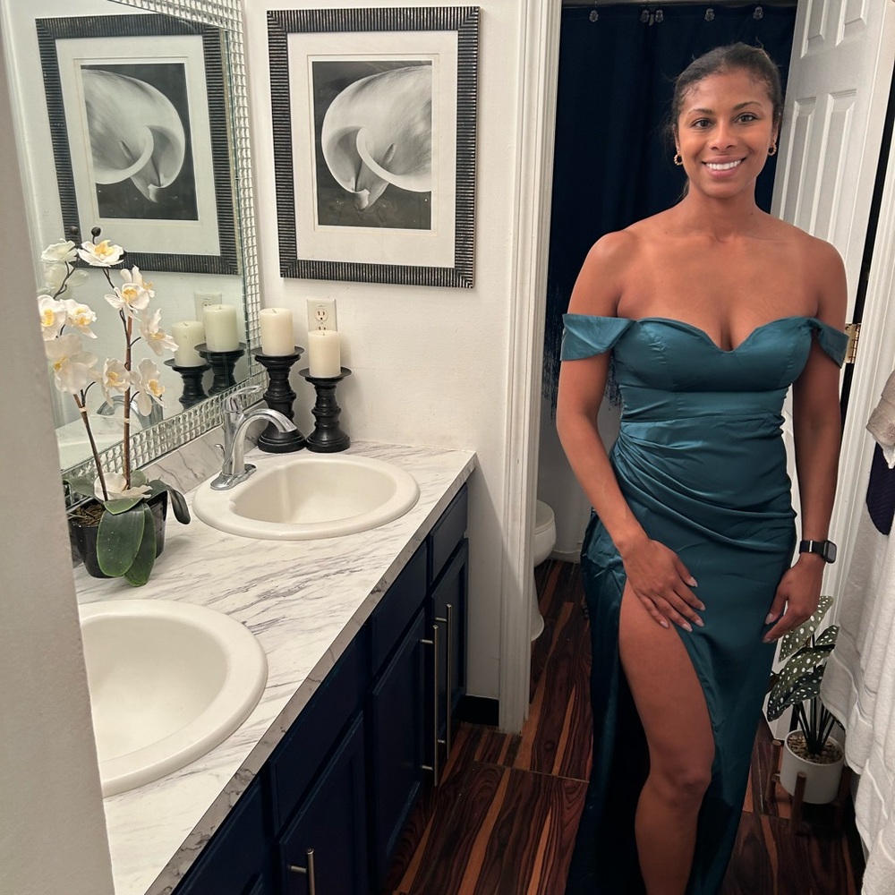 Amazon buy off the shoulder back string up dress size 6.. high slit